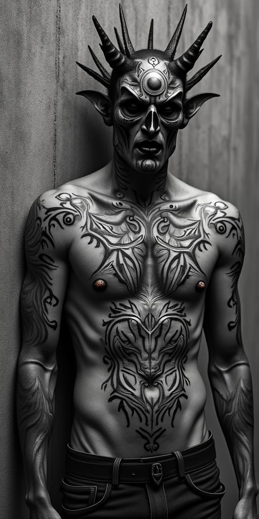 King of all demons rising up from blood seeping through the cracks in a decaying post apocalyptic city.in spiritual symbols tattoo style, featuring an intricate design incorporating elements, Hamsa hand, third eye, minimalist composition - Variation 3