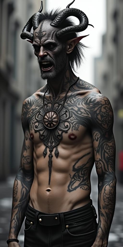 King of all demons rising up from blood seeping through the cracks in a decaying post apocalyptic city.in spiritual symbols tattoo style, featuring an intricate design incorporating elements, Hamsa hand, third eye, minimalist composition - Variation 2