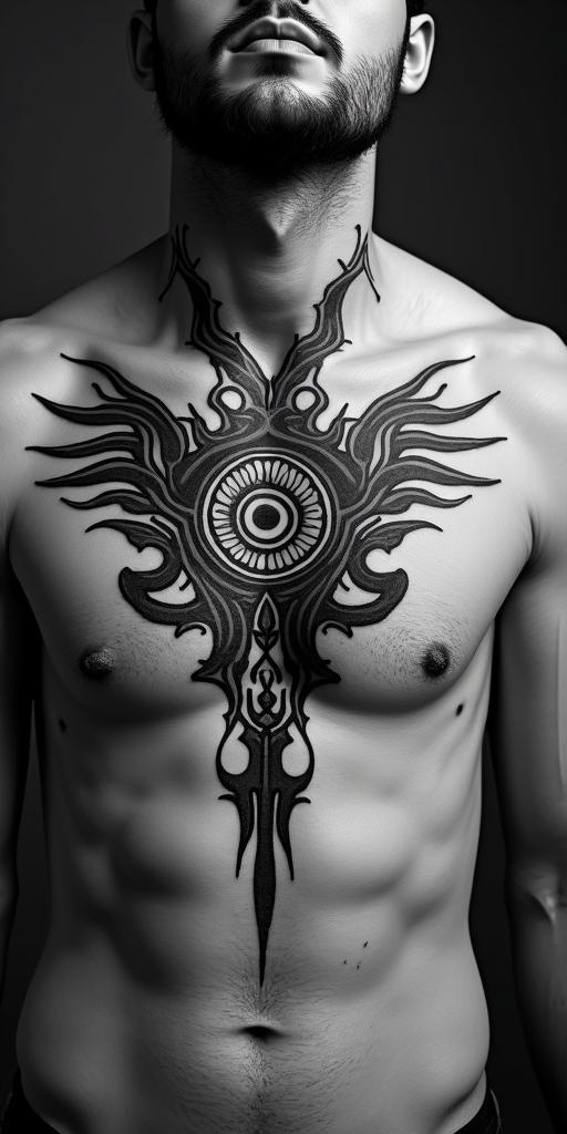 King of all demons rising up from blood seeping through the cracks in a decaying post apocalyptic city.in spiritual symbols tattoo style, featuring an intricate design incorporating elements, Hamsa hand, third eye, minimalist composition