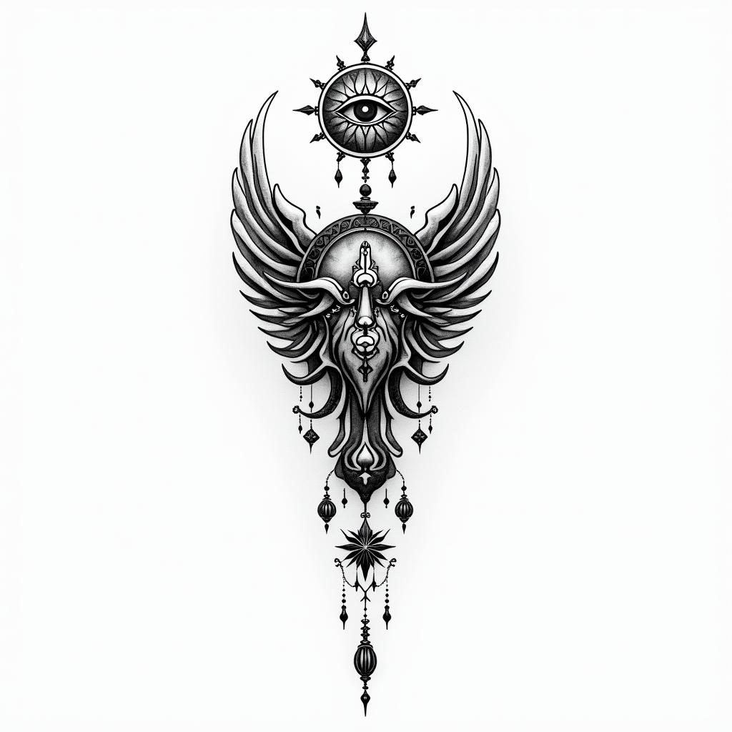 Astral projectionin spiritual symbols tattoo style, featuring an intricate design incorporating elements, Hamsa hand, third eye, minimalist composition - Variation 3