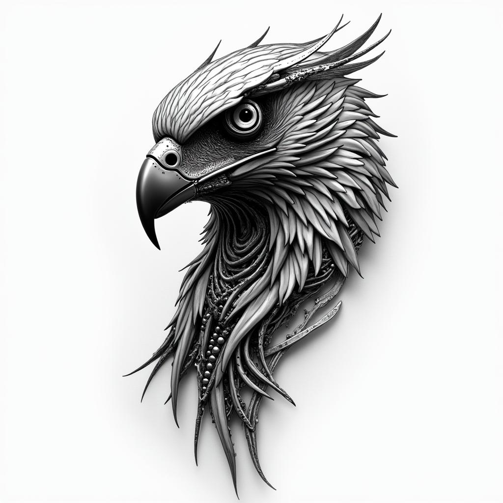 Hawktattoo in biomechanic style, the tattoo covered by robotic elements of futuristic cyberpunk design, robotic features detail, showcasing intricate mechanical components - Variation 2