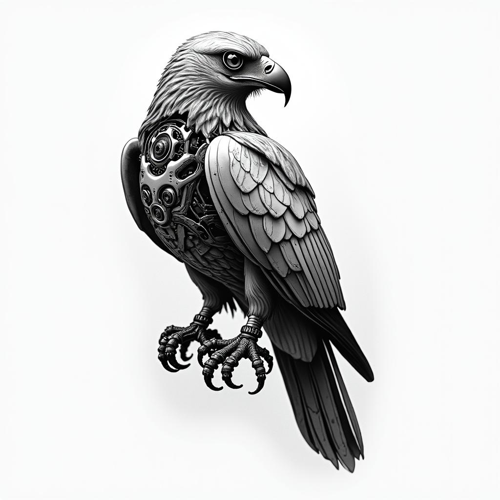 Hawktattoo in biomechanic style, the tattoo covered by robotic elements of futuristic cyberpunk design, robotic features detail, showcasing intricate mechanical components
