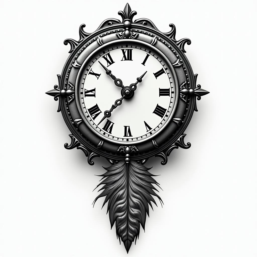 Clock face, pheasant feather, horse shoein portrait tattoo style, featuring a highly realistic and detailed depiction - Variation 7