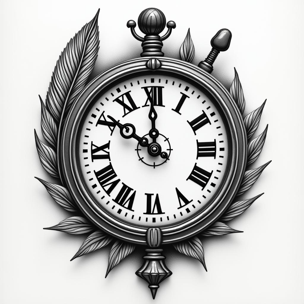 Clock face, pheasant feather, horse shoein portrait tattoo style, featuring a highly realistic and detailed depiction - Variation 6