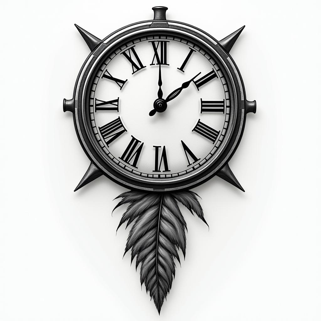 Clock face, pheasant feather, horse shoein portrait tattoo style, featuring a highly realistic and detailed depiction - Variation 8