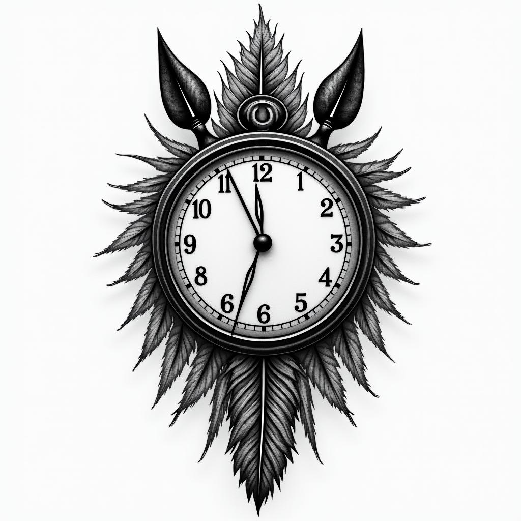 Clock face, pheasant feather, horse shoein portrait tattoo style, featuring a highly realistic and detailed depiction - Variation 5