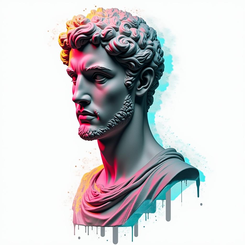 Not anonymous man Geminiin distorted and fragmented tattoo design, featuring a classical statue bust, in a glitch art style with vibrant, overlapping colors of cyan, magenta, and yellow, creating a digital distortion effect - Variation 2