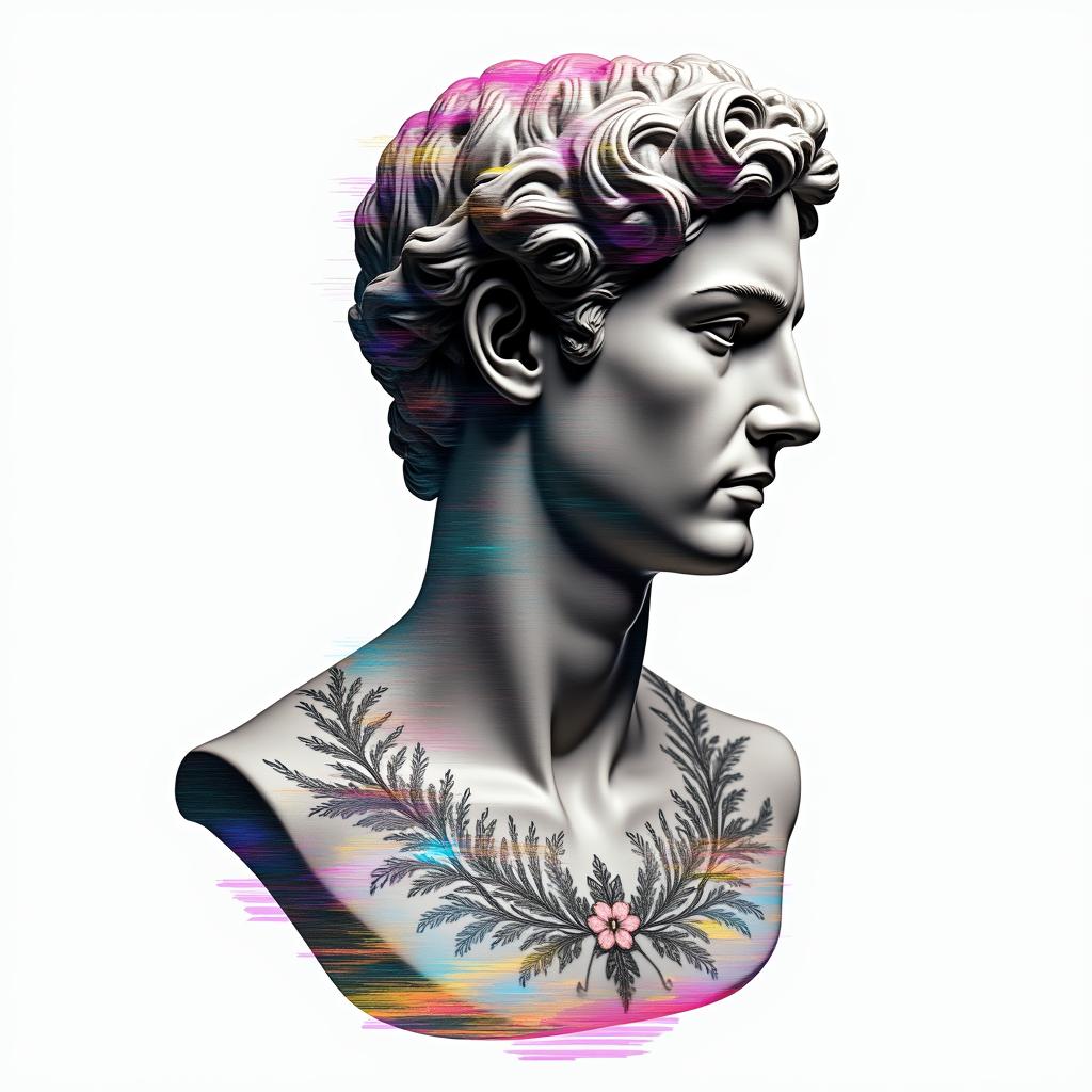Not anonymous man Geminiin distorted and fragmented tattoo design, featuring a classical statue bust, in a glitch art style with vibrant, overlapping colors of cyan, magenta, and yellow, creating a digital distortion effect