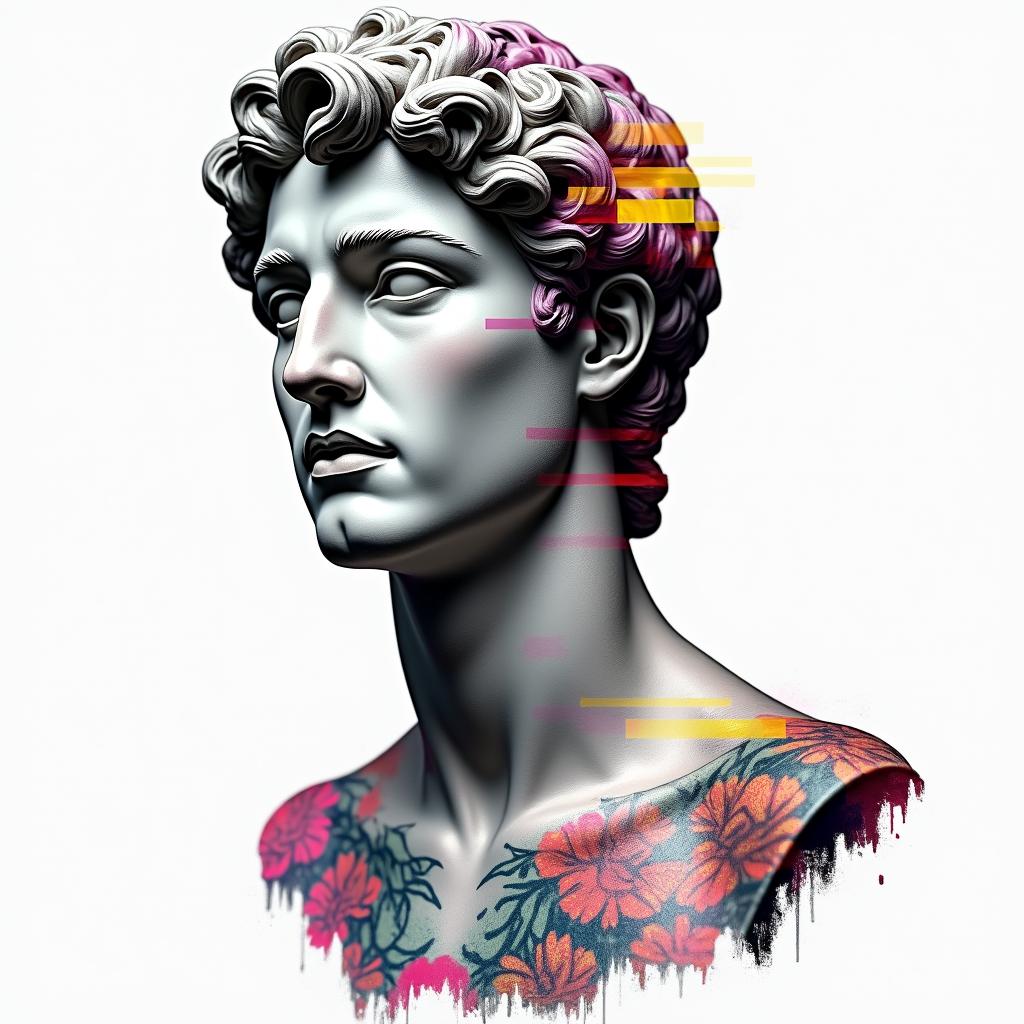 Not anonymous man Geminiin distorted and fragmented tattoo design, featuring a classical statue bust, in a glitch art style with vibrant, overlapping colors of cyan, magenta, and yellow, creating a digital distortion effect - Variation 3