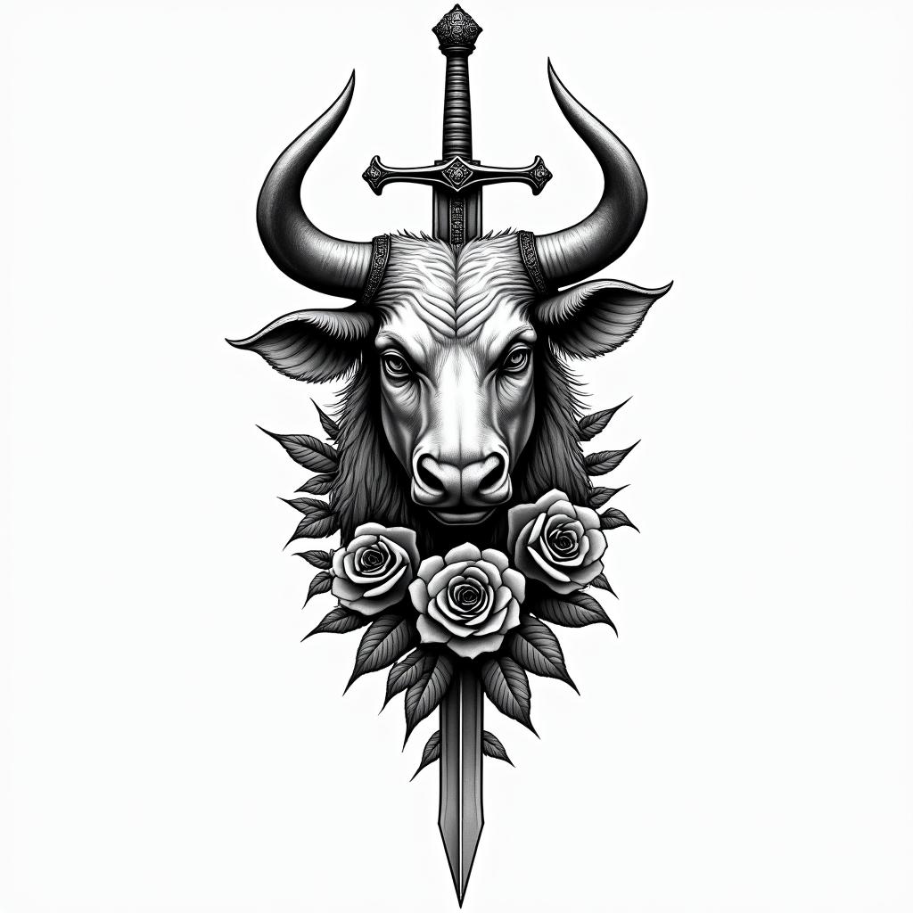 Rose, Bull, Sword, Harlequinhigly detailed tattoo