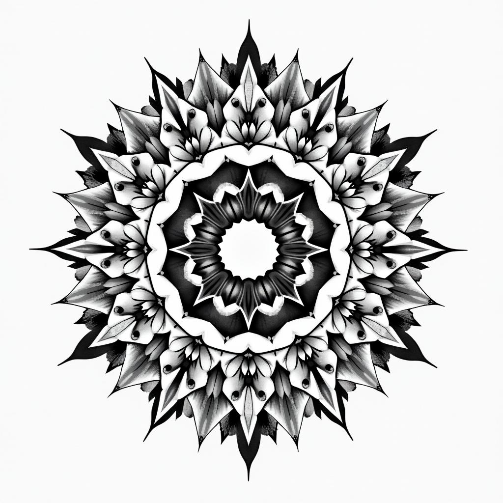 Astral projection in geometric style tattoo, blending hexagons, mandala-inspired patterns, symmetrical and fractal design, clean lines, sharp angles - Variation 1