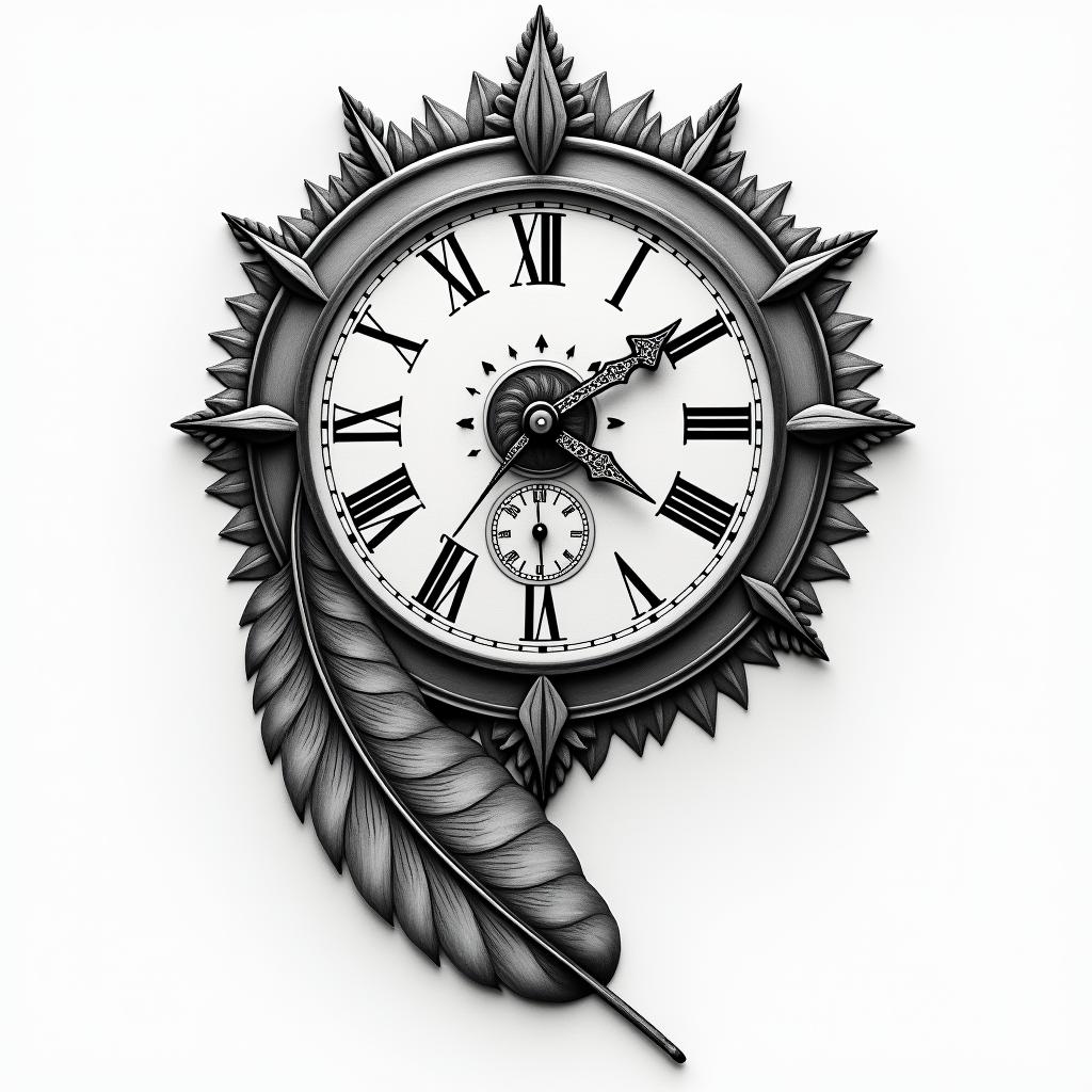 Clock face, pheasant feather, horse shoein portrait tattoo style, featuring a highly realistic and detailed depiction - Variation 3