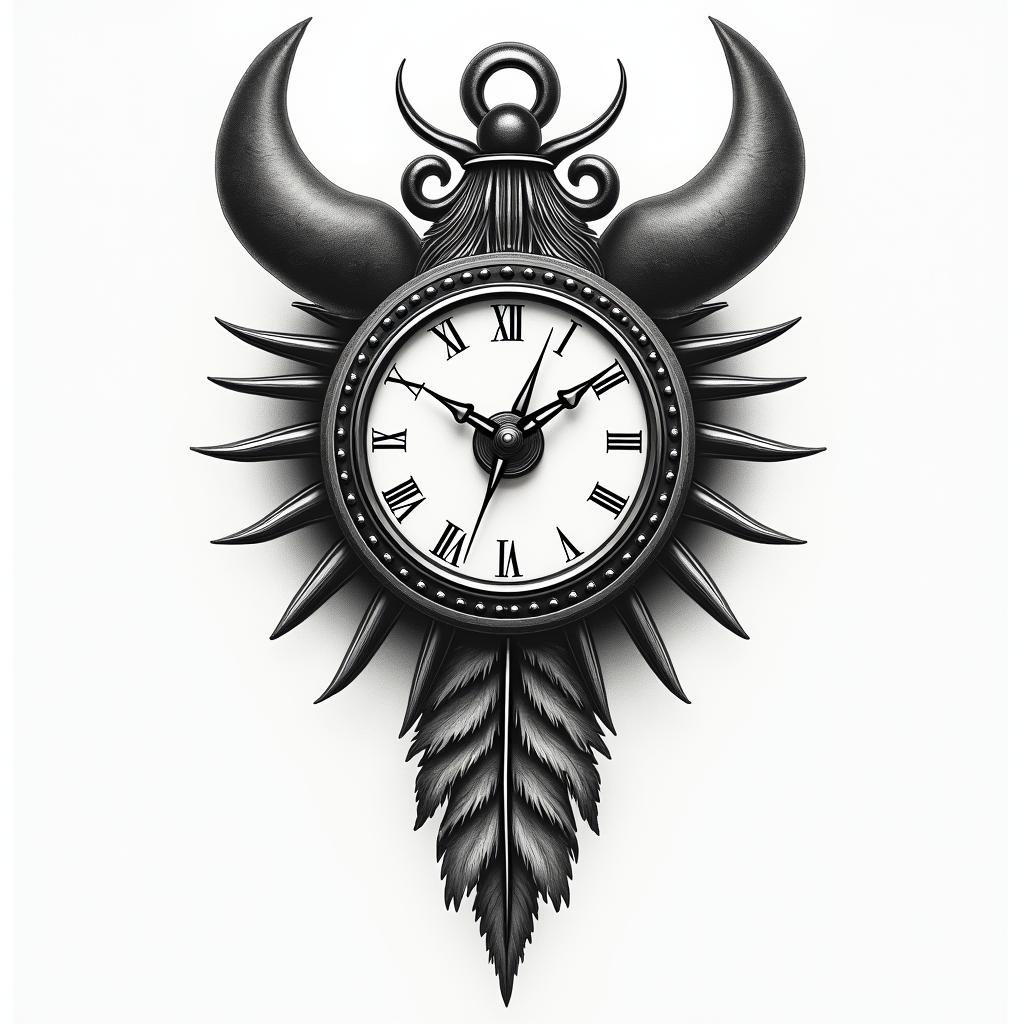 Clock face, pheasant feather, horse shoein portrait tattoo style, featuring a highly realistic and detailed depiction - Variation 4