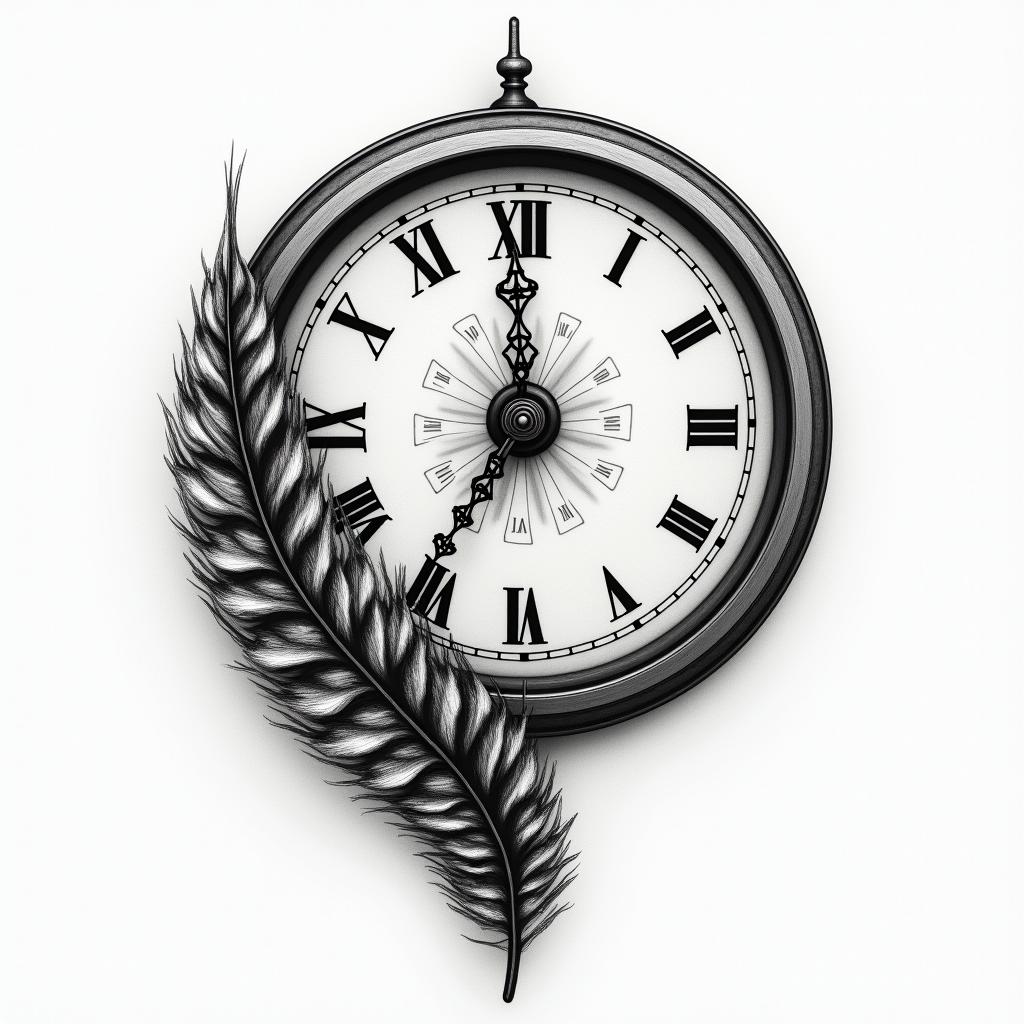 Clock face, pheasant feather, horse shoein portrait tattoo style, featuring a highly realistic and detailed depiction - Variation 2