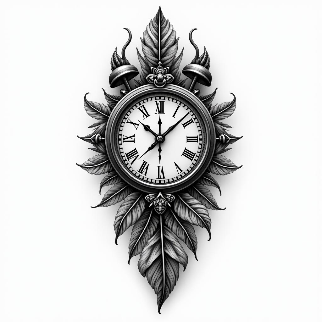 Clock face, pheasant feather, horse shoein portrait tattoo style, featuring a highly realistic and detailed depiction 