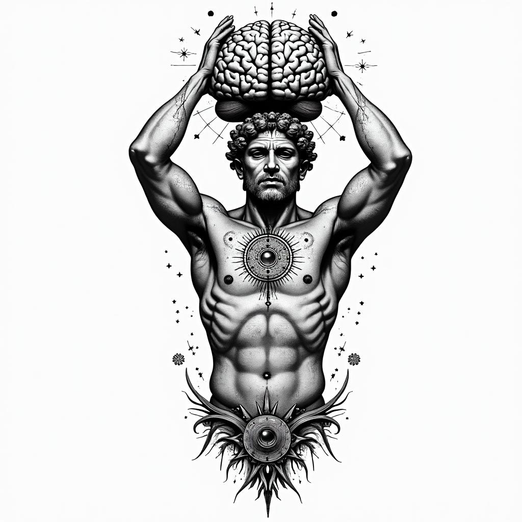 Greek god 
Atlas holding brain up above bodyin prophecy tattoo style, featuring mystical symbols, celestial imagery like stars, moons, suns, geometric patterns, foretelling elements, an eye of wisdom - Variation 3