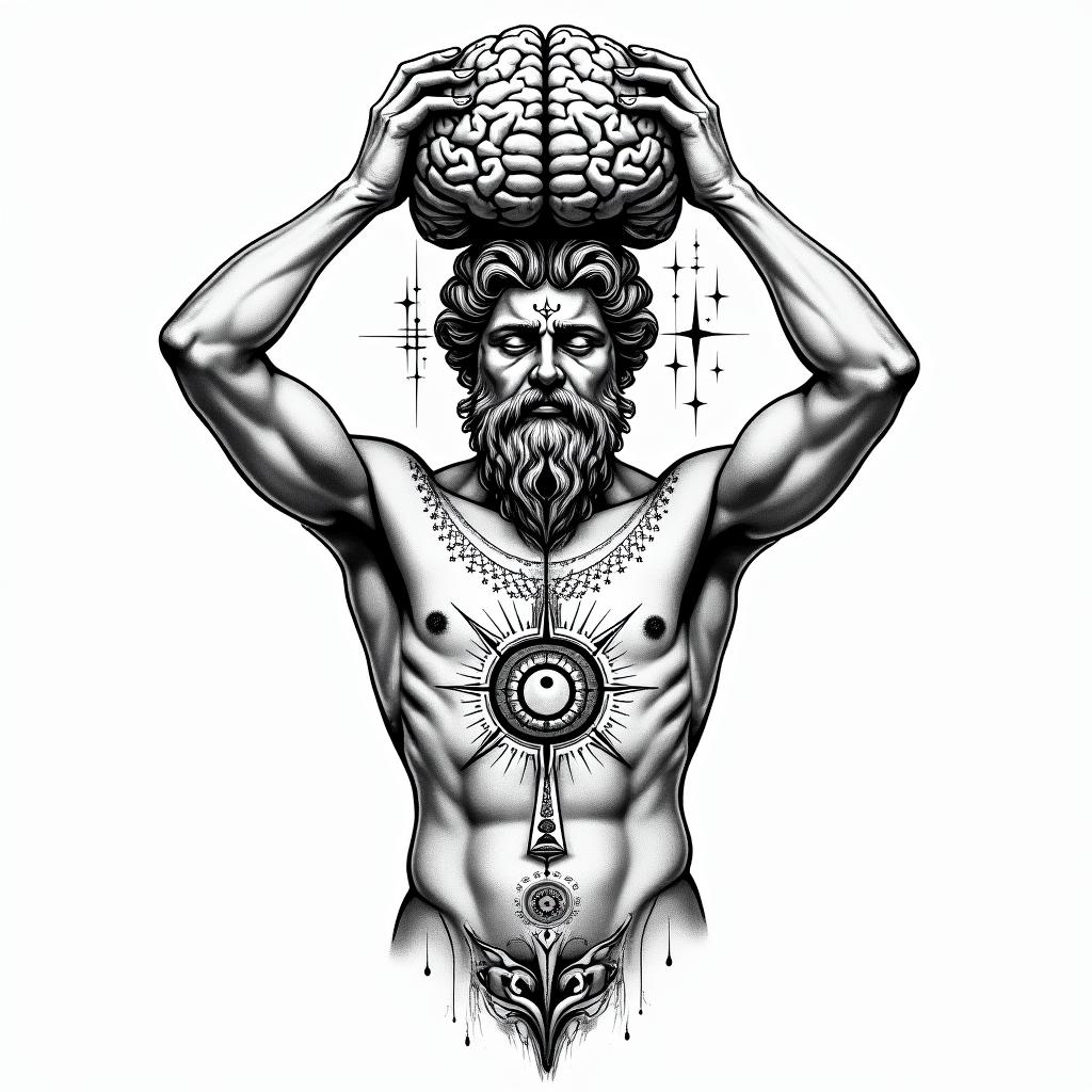 Greek god
Atlas holding brain up above bodyin prophecy tattoo style, featuring mystical symbols, celestial imagery like stars, moons, suns, geometric patterns, foretelling elements, an eye of wisdom