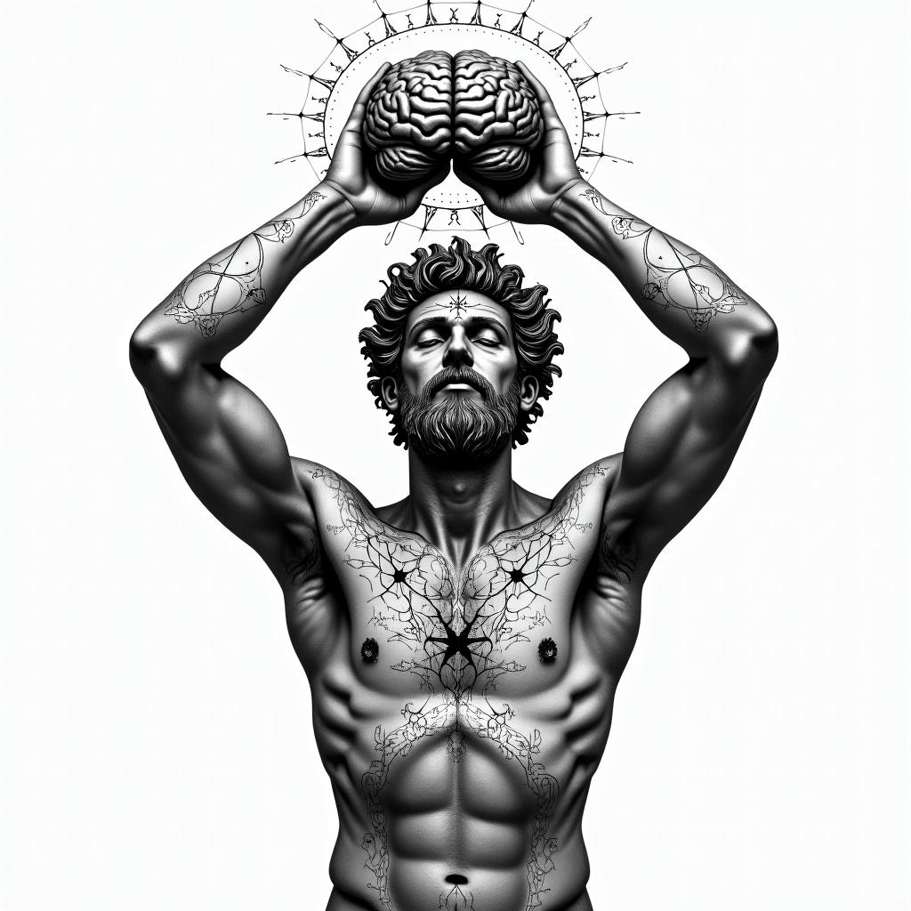 Greek god 
Atlas holding brain up above bodyin prophecy tattoo style, featuring mystical symbols, celestial imagery like stars, moons, suns, geometric patterns, foretelling elements, an eye of wisdom - Variation 2
