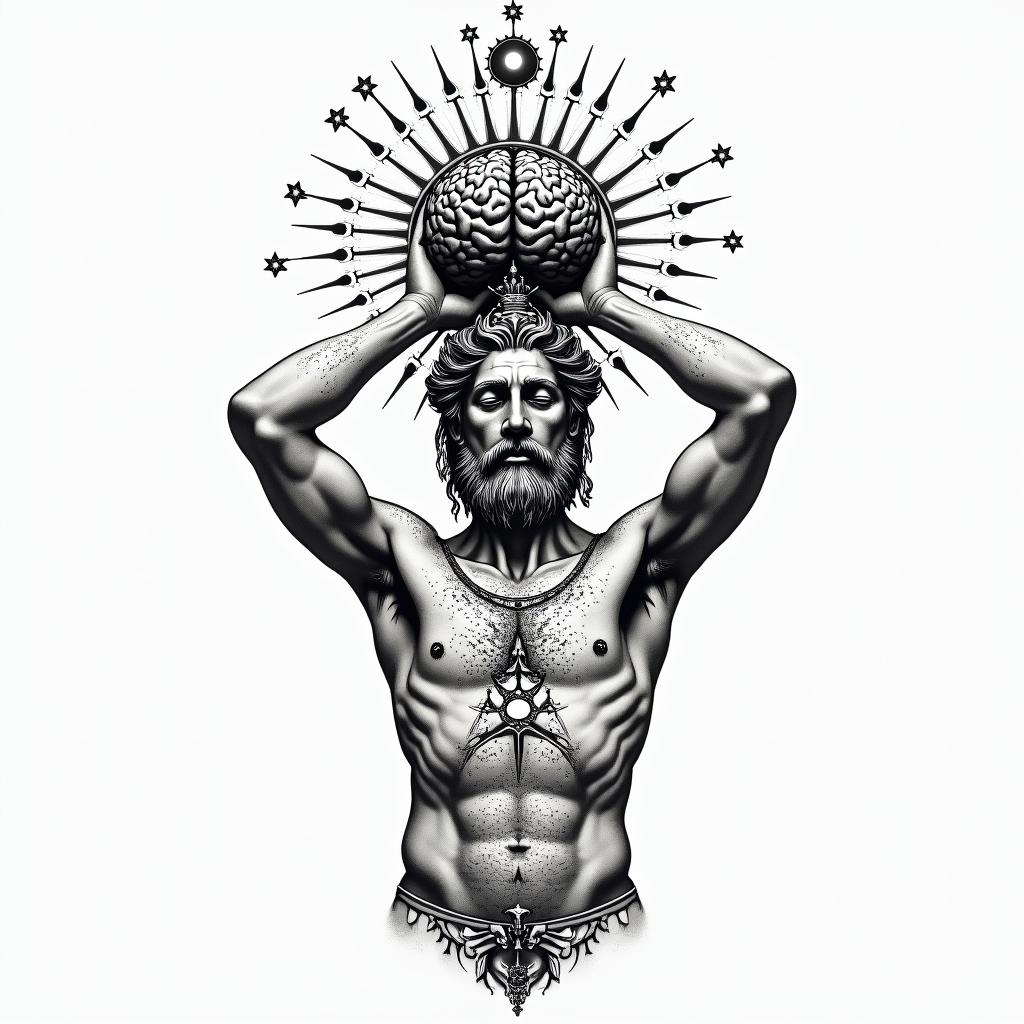 Greek god 
Atlas holding brain up above bodyin prophecy tattoo style, featuring mystical symbols, celestial imagery like stars, moons, suns, geometric patterns, foretelling elements, an eye of wisdom - Variation 4