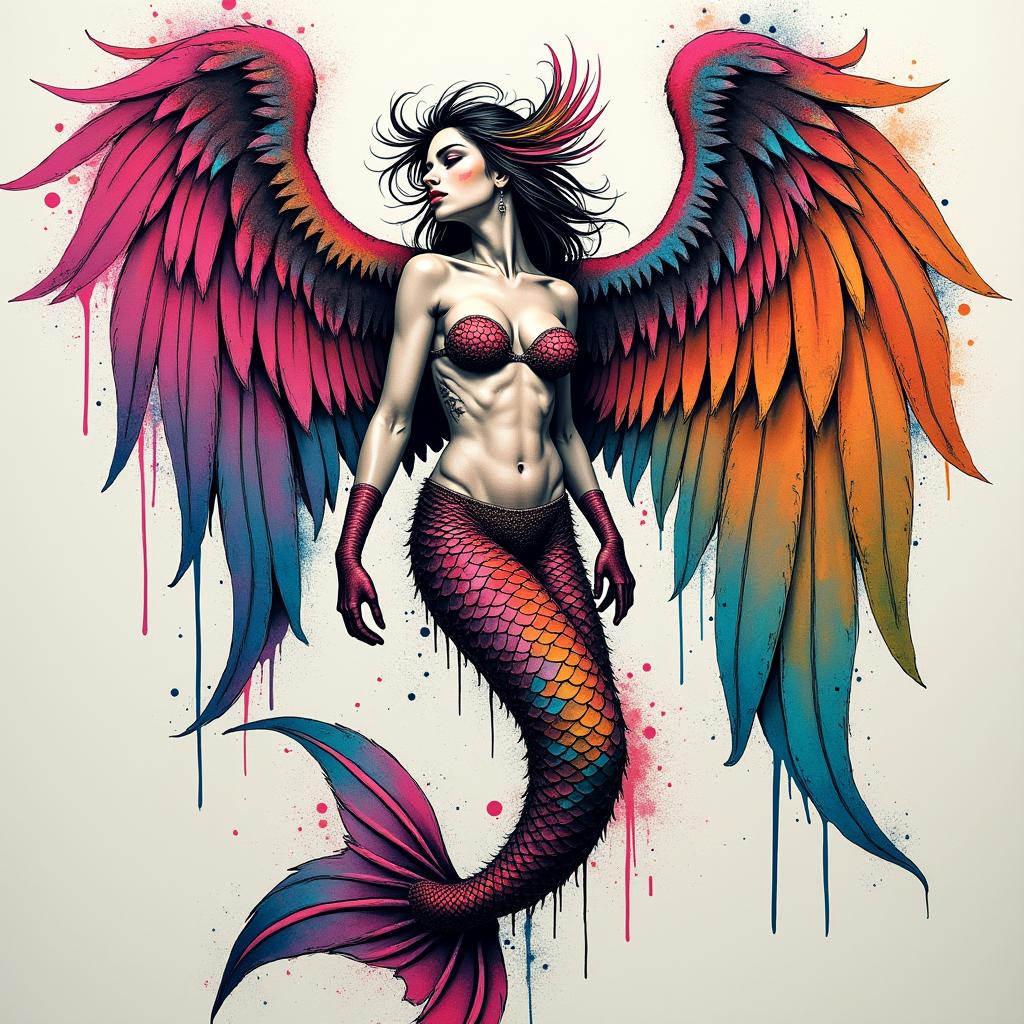 Angel wings on a mermaid disco stylein graffiti style tattoo, featuring bold and dynamic street art elements, spray-paint texture with exaggerated lines and expressive, chaotic brushstrokes, intricate lettering incorporated with graffiti tags, symbols like hearts, stars, and wings - Variation 3