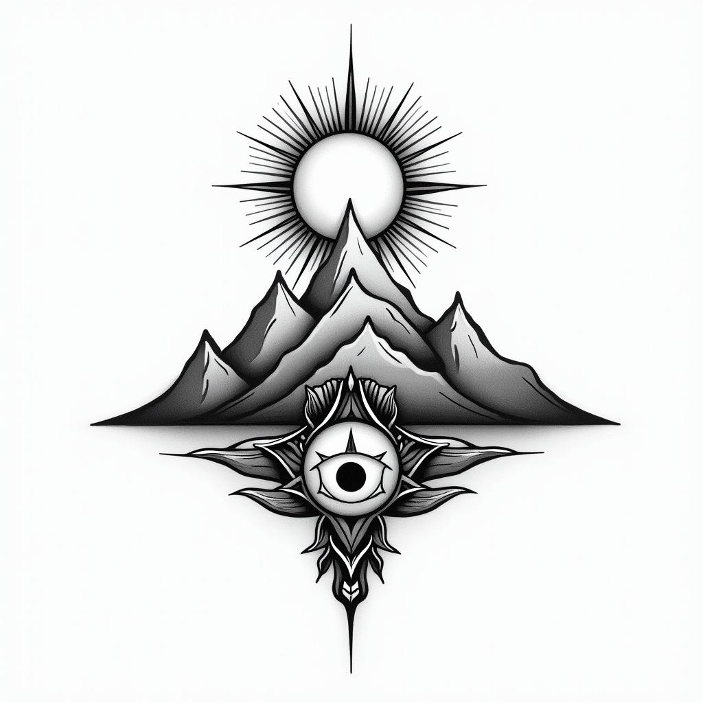 Mountain range with a rising sunin spiritual symbols tattoo style, featuring an intricate design incorporating elements, Hamsa hand, third eye, minimalist composition