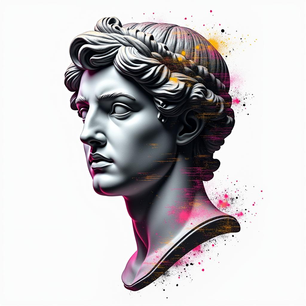 Astral projectionin distorted and fragmented tattoo design, featuring a classical statue bust, in a glitch art style with vibrant, overlapping colors of cyan, magenta, and yellow, creating a digital distortion effect - Variation 4