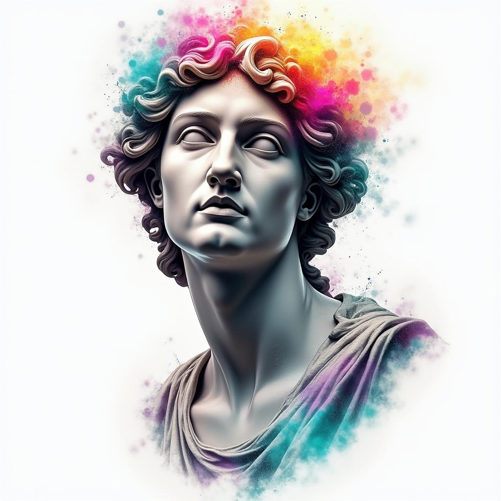 Astral projectionin distorted and fragmented tattoo design, featuring a classical statue bust, in a glitch art style with vibrant, overlapping colors of cyan, magenta, and yellow, creating a digital distortion effect
