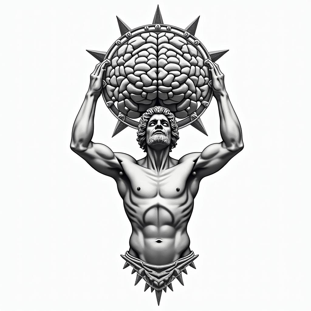 Greek god
Atlas holding brain up above body in geometric style tattoo, blending hexagons, mandala-inspired patterns, symmetrical and fractal design, clean lines, sharp angles - Variation 4