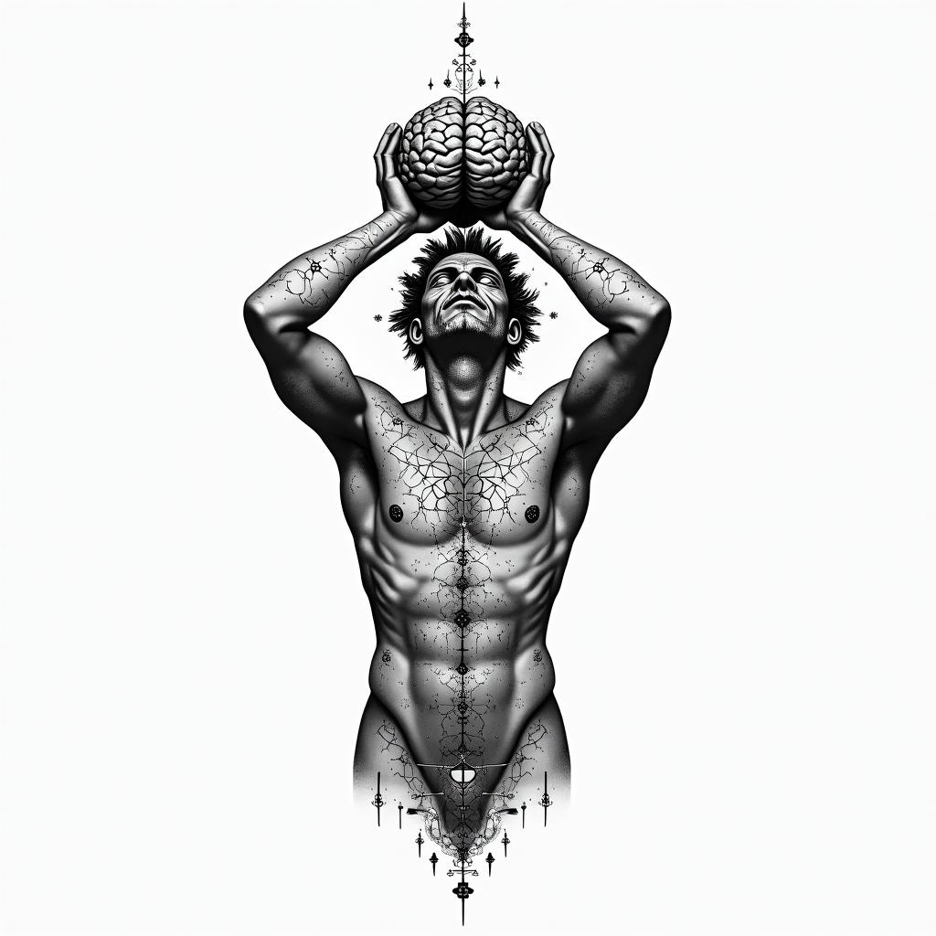Greek god
Atlas holding brain up above body in geometric style tattoo, blending hexagons, mandala-inspired patterns, symmetrical and fractal design, clean lines, sharp angles - Variation 3