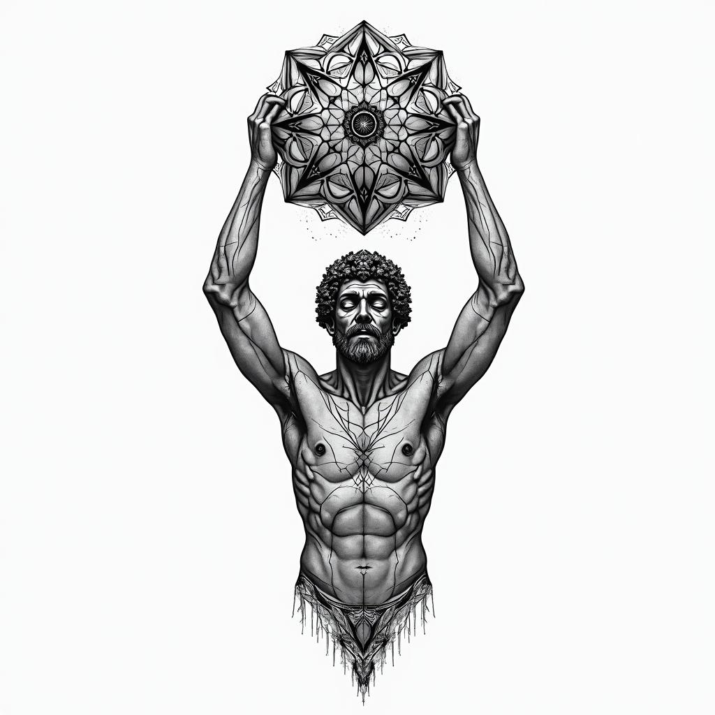 Greek god
Atlas holding brain up above body in geometric style tattoo, blending hexagons, mandala-inspired patterns, symmetrical and fractal design, clean lines, sharp angles - Variation 1