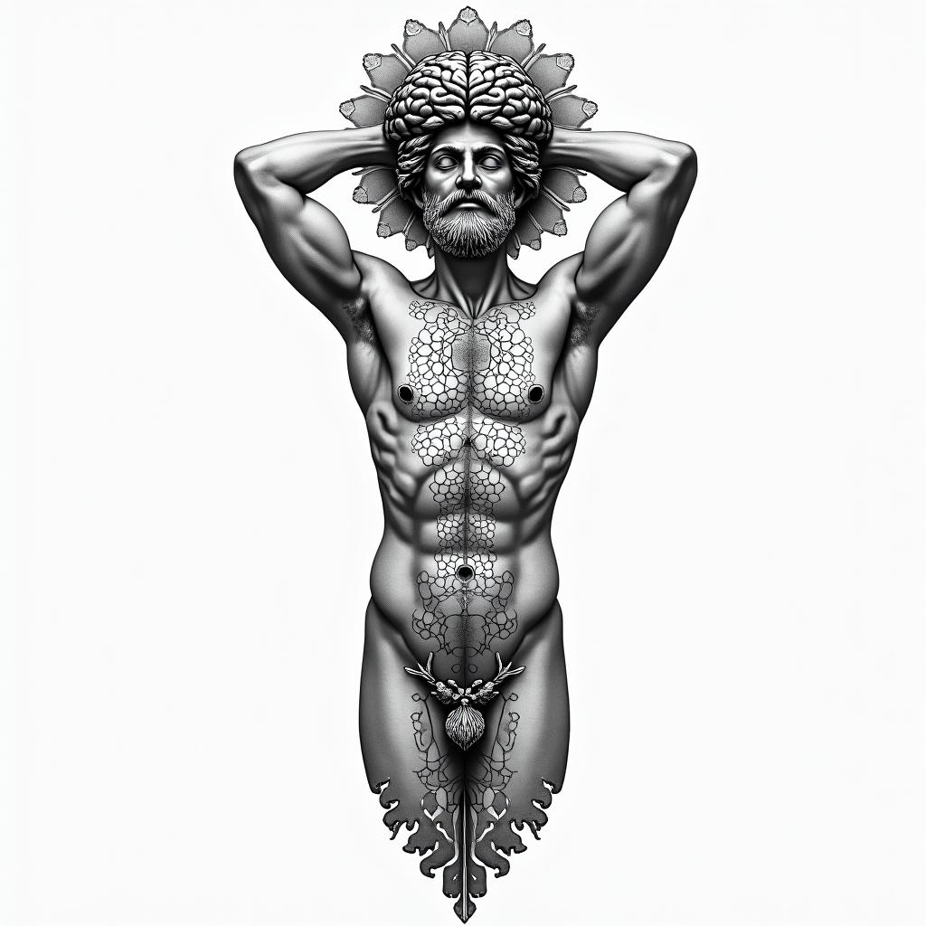 Greek god
Atlas holding brain up above body in geometric style tattoo, blending hexagons, mandala-inspired patterns, symmetrical and fractal design, clean lines, sharp angles - Variation 2