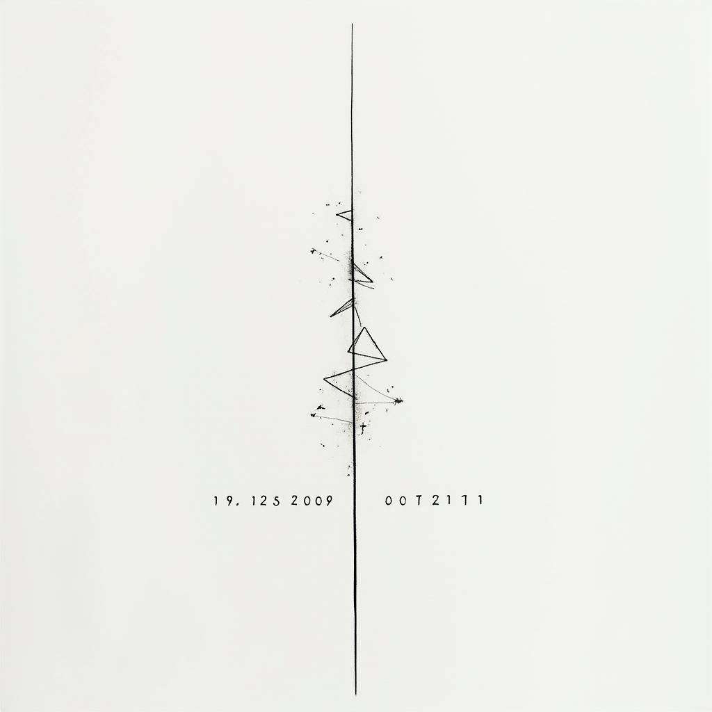 Lines with dates of 29.12.2009 and 29.07.2011in minimalist style tattoo, featuring simple shapes and fine lines, with minimal shading and details, tiny triangles, creating a sense of balance and harmony