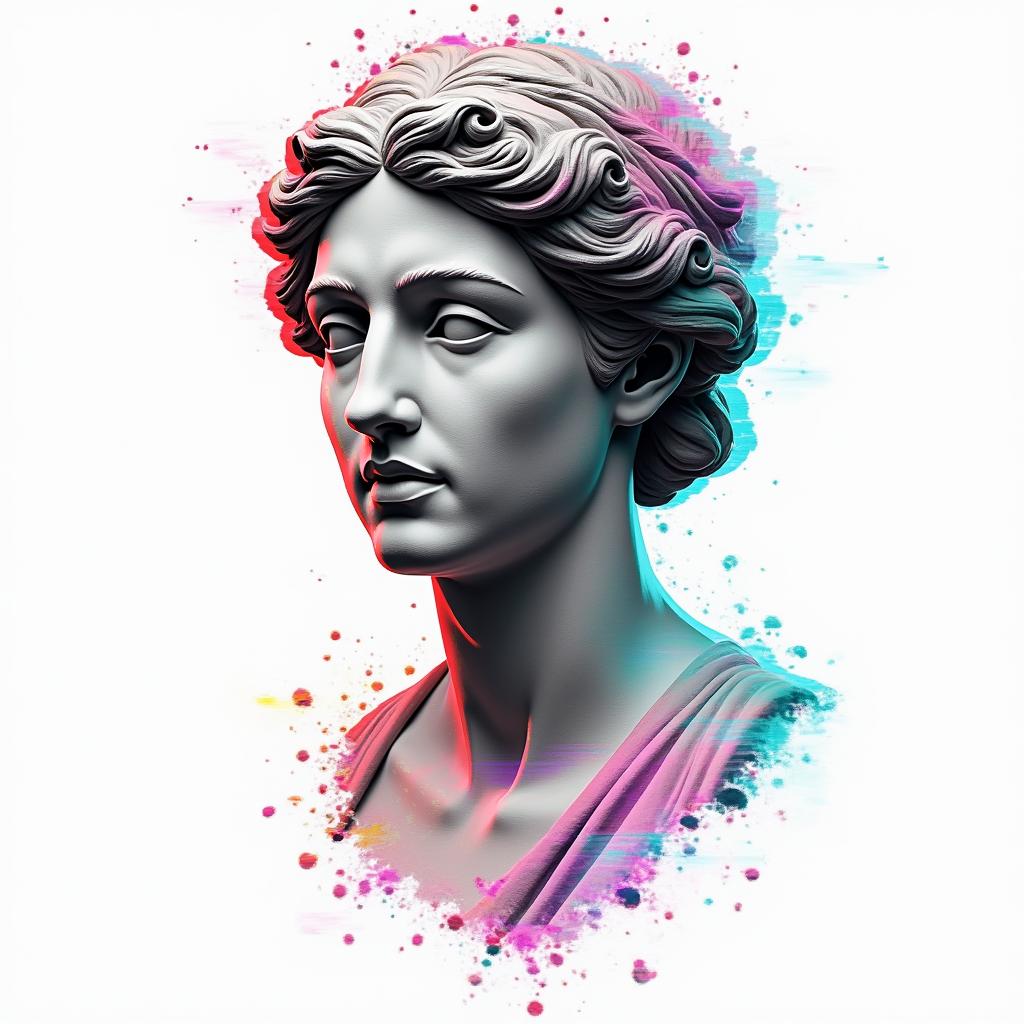 Diamond 27 Geminiin distorted and fragmented tattoo design, featuring a classical statue bust, in a glitch art style with vibrant, overlapping colors of cyan, magenta, and yellow, creating a digital distortion effect
