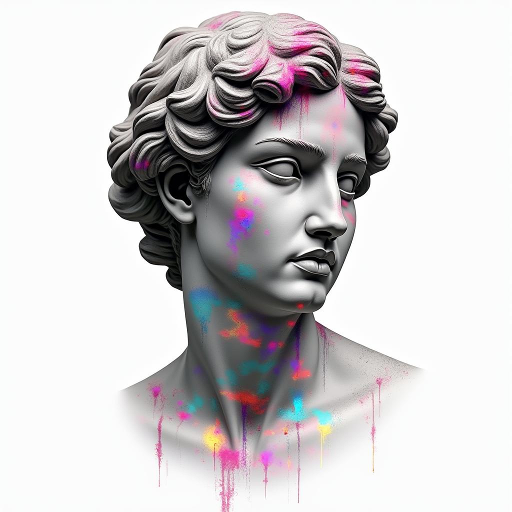 Diamond 27 Geminiin distorted and fragmented tattoo design, featuring a classical statue bust, in a glitch art style with vibrant, overlapping colors of cyan, magenta, and yellow, creating a digital distortion effect - Variation 3