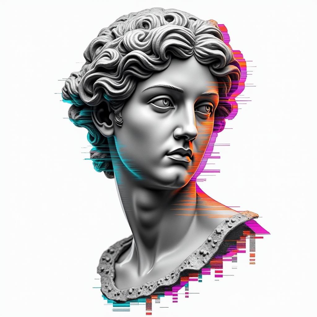 Diamond 27 Geminiin distorted and fragmented tattoo design, featuring a classical statue bust, in a glitch art style with vibrant, overlapping colors of cyan, magenta, and yellow, creating a digital distortion effect - Variation 4