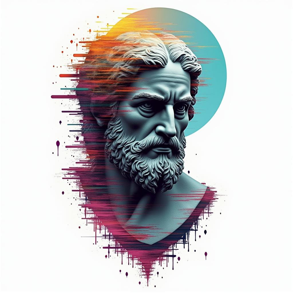 Hawk moonin distorted and fragmented tattoo design, featuring a classical statue bust, in a glitch art style with vibrant, overlapping colors of cyan, magenta, and yellow, creating a digital distortion effect - Variation 3