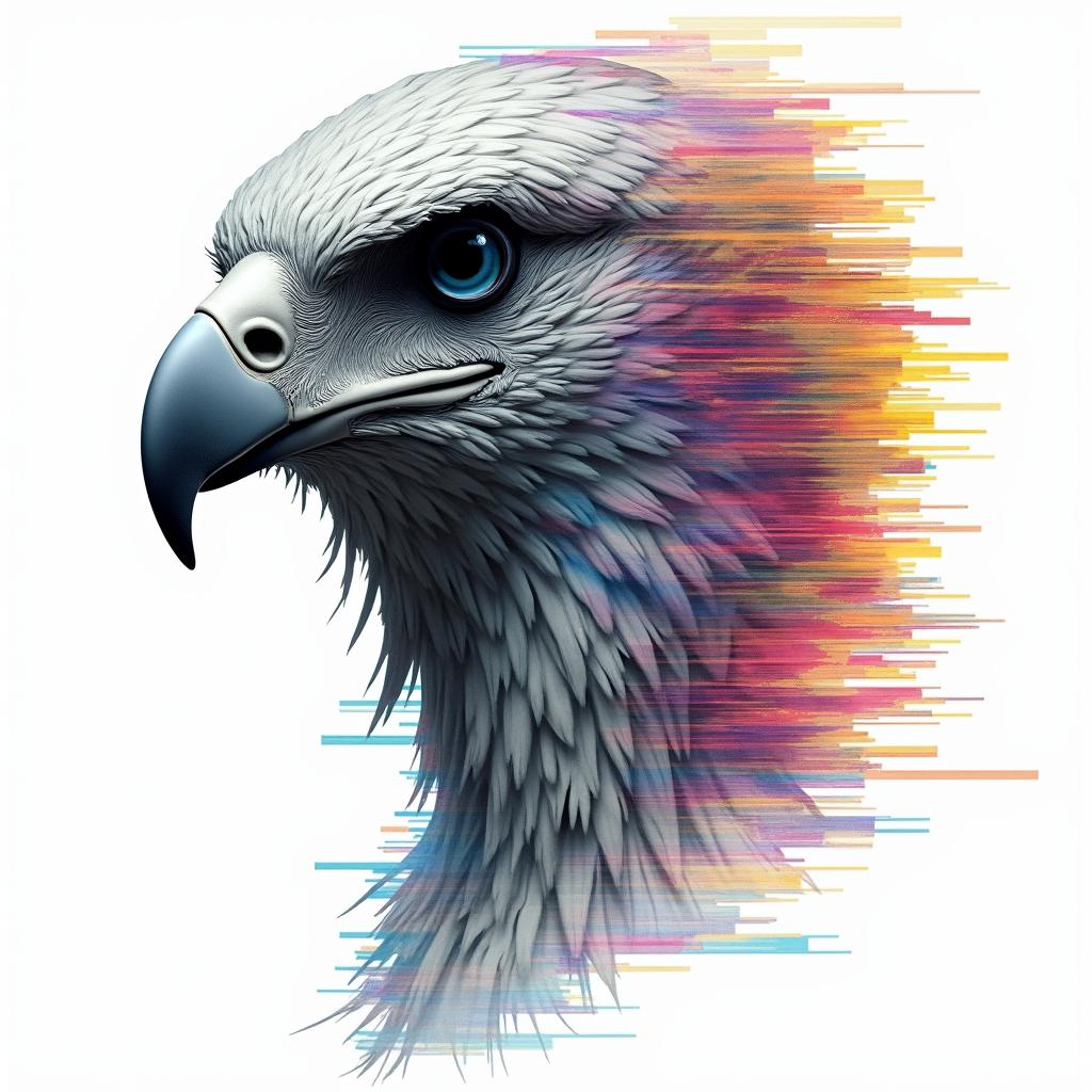 Hawk moonin distorted and fragmented tattoo design, featuring a classical statue bust, in a glitch art style with vibrant, overlapping colors of cyan, magenta, and yellow, creating a digital distortion effect - Variation 4