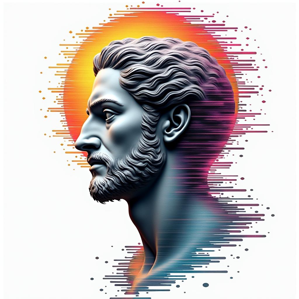 Hawk moonin distorted and fragmented tattoo design, featuring a classical statue bust, in a glitch art style with vibrant, overlapping colors of cyan, magenta, and yellow, creating a digital distortion effect - Variation 2