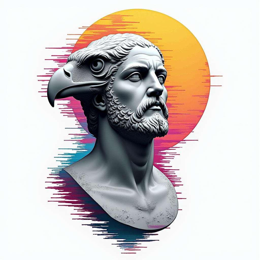 Hawk moonin distorted and fragmented tattoo design, featuring a classical statue bust, in a glitch art style with vibrant, overlapping colors of cyan, magenta, and yellow, creating a digital distortion effect
