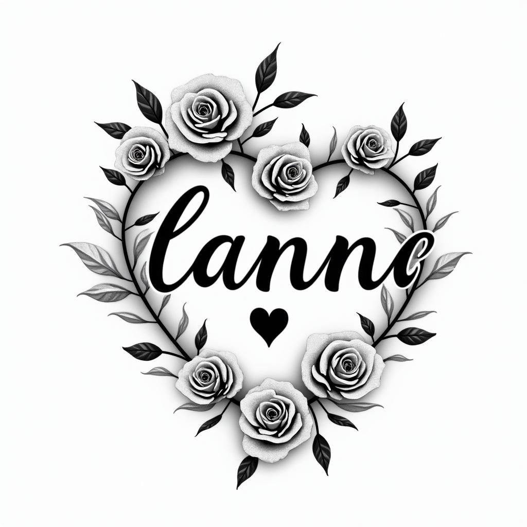 Alanna- 04/07/24-Julyin elegant cursive calligraphy style 2d tattoo, decorate with roses, featuring a smooth and flowing handwritten script with slightly thickened strokes for a luxurious and bold appearance, heart symbol between names, sleek and glossy black text with shadowing, minimalist matte white background, clean and sharp edges, illuminated with soft lighting, romantic, 8k, high-quality textures with refined typography - Variation 4