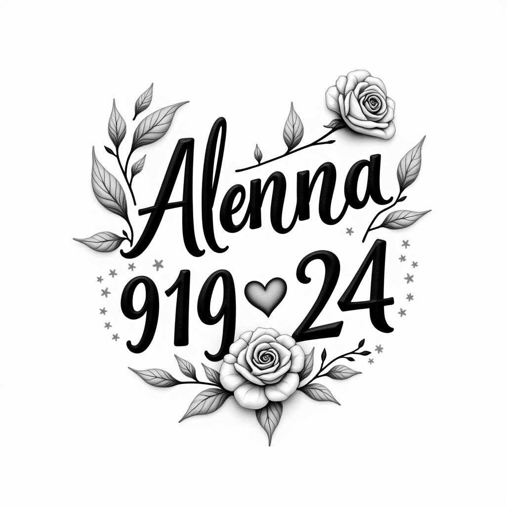 Alanna- 04/07/24-Julyin elegant cursive calligraphy style 2d tattoo, decorate with roses, featuring a smooth and flowing handwritten script with slightly thickened strokes for a luxurious and bold appearance, heart symbol between names, sleek and glossy black text with shadowing, minimalist matte white background, clean and sharp edges, illuminated with soft lighting, romantic, 8k, high-quality textures with refined typography - Variation 3