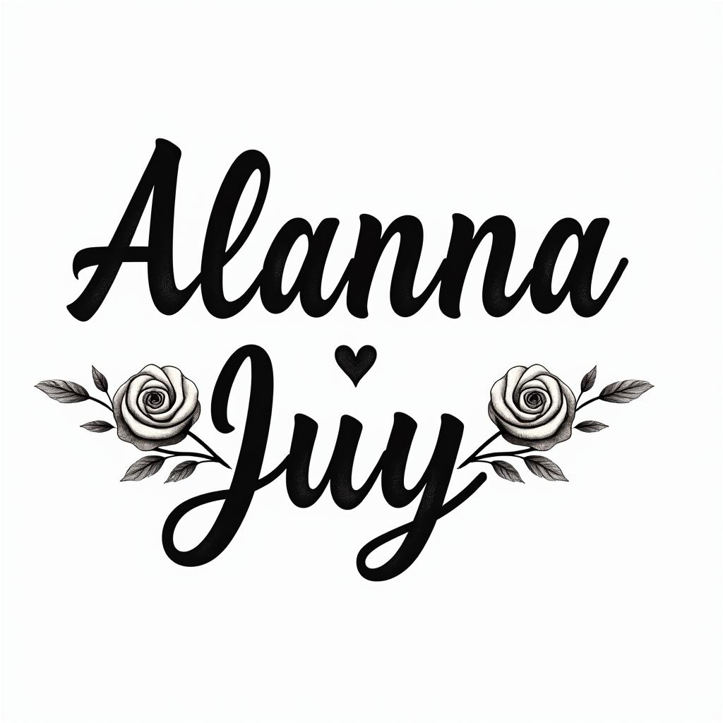 Alanna- 04/07/24-Julyin elegant cursive calligraphy style 2d tattoo, decorate with roses, featuring a smooth and flowing handwritten script with slightly thickened strokes for a luxurious and bold appearance, heart symbol between names, sleek and glossy black text with shadowing, minimalist matte white background, clean and sharp edges, illuminated with soft lighting, romantic, 8k, high-quality textures with refined typography - Variation 2
