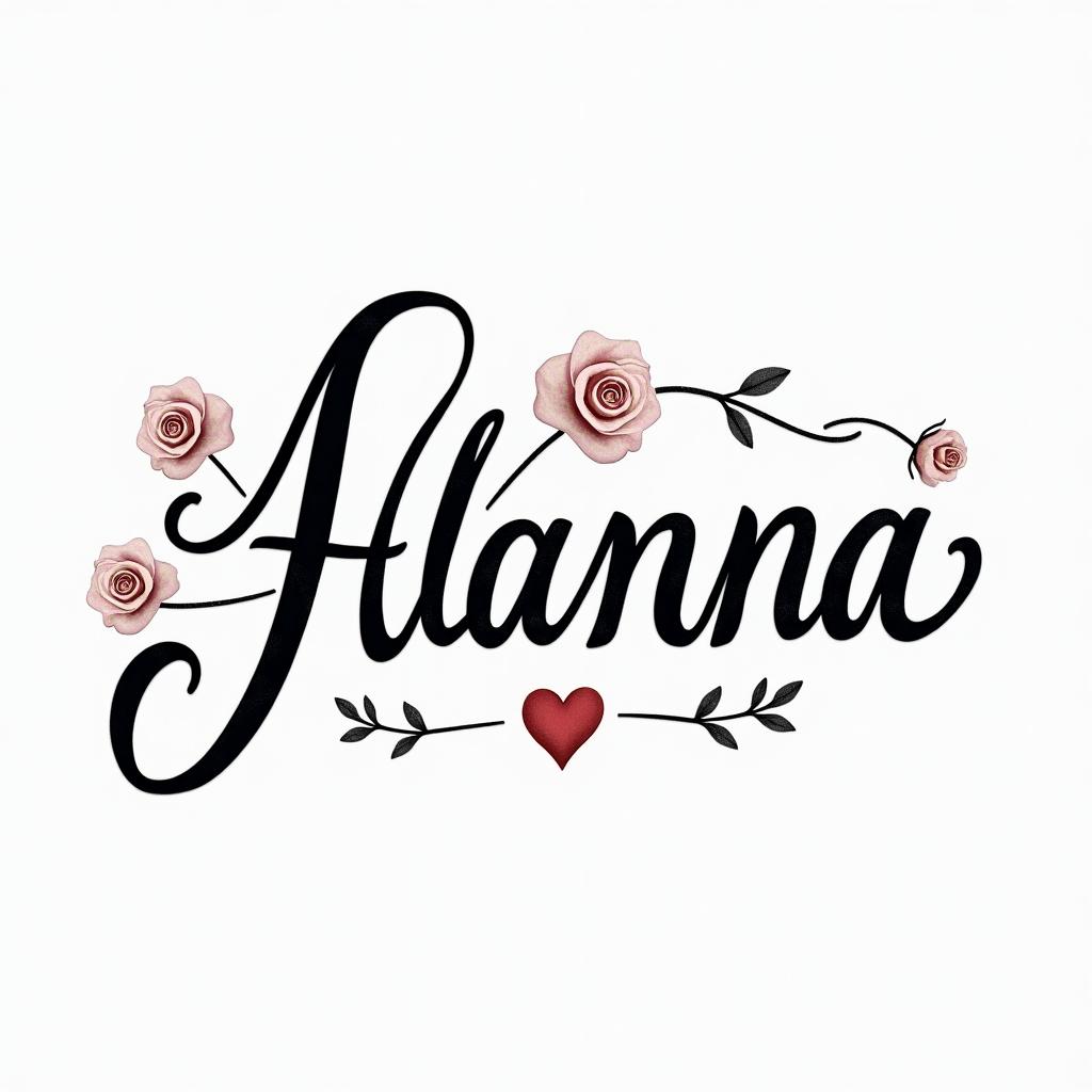 Alanna- 04/07/24-Julyin elegant cursive calligraphy style 2d tattoo, decorate with roses, featuring a smooth and flowing handwritten script with slightly thickened strokes for a luxurious and bold appearance,  heart symbol between names,  sleek and glossy black text with shadowing, minimalist matte white background, clean and sharp edges, illuminated with soft lighting, romantic, 8k, high-quality textures with refined typography