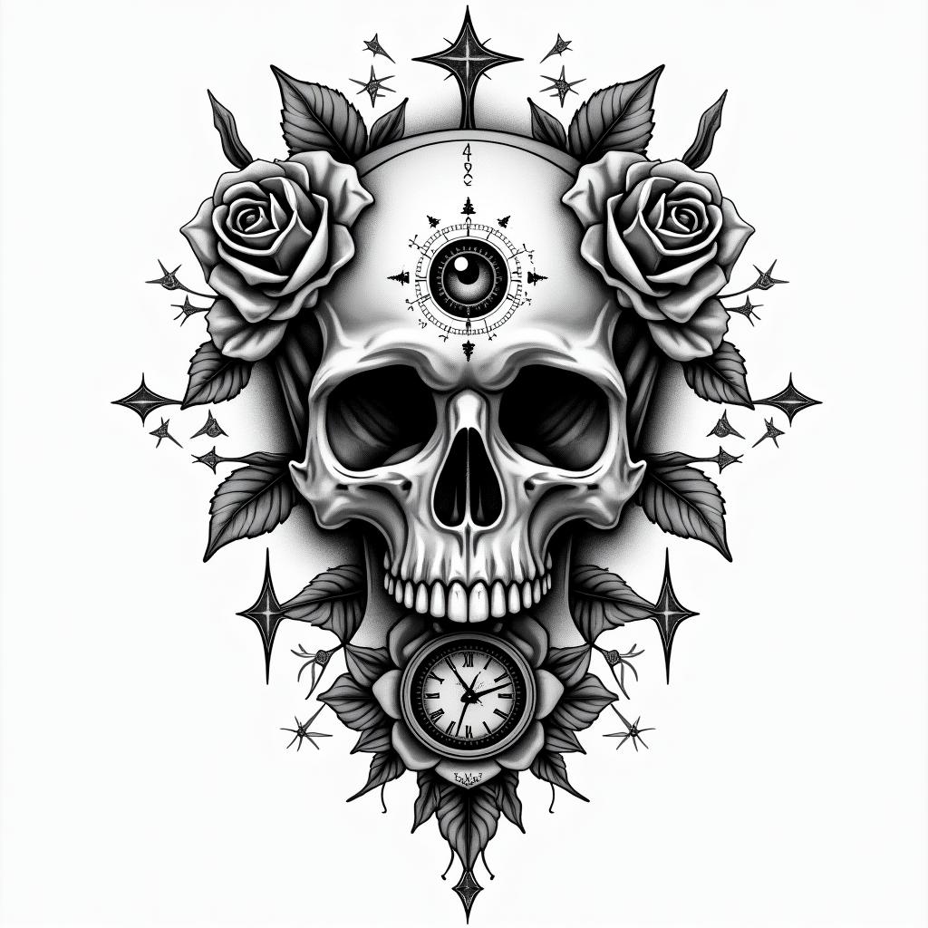 Skull with roses and clock elementsin prophecy tattoo style, featuring mystical symbols, celestial imagery like stars, moons, suns, geometric patterns, foretelling elements, an eye of wisdom
