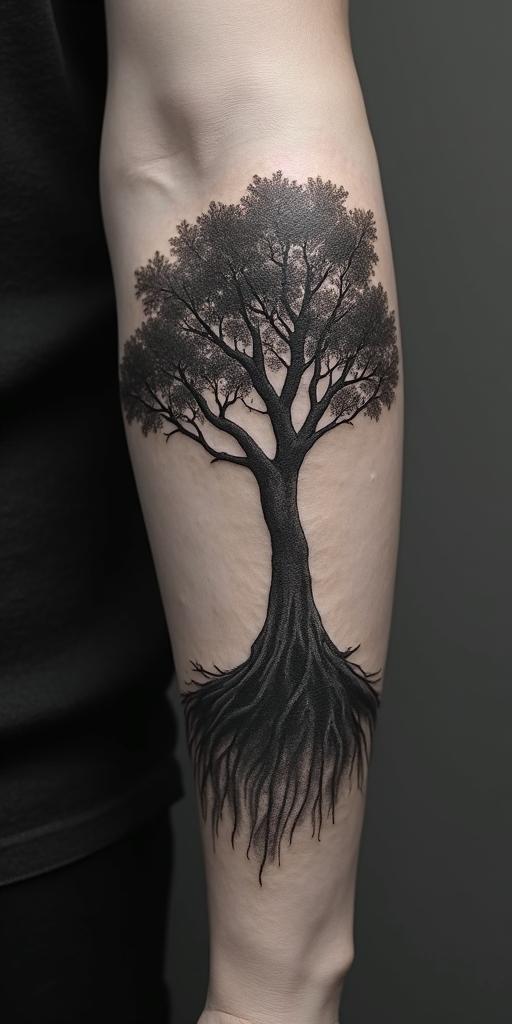 Treein realism tattoo style, featuring a highly detailed, lifelike, capturing every detail, photorealistic, ultra realistic, intricate shading, smooth and sharp, - Variation 1