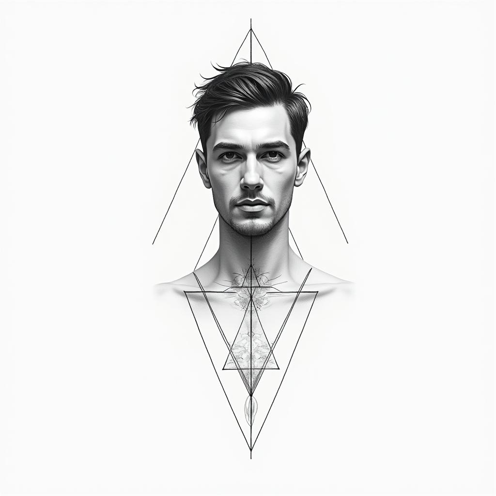 Sober manin minimalist style tattoo, featuring simple shapes and fine lines, with minimal shading and details, tiny triangles, creating a sense of balance and harmony