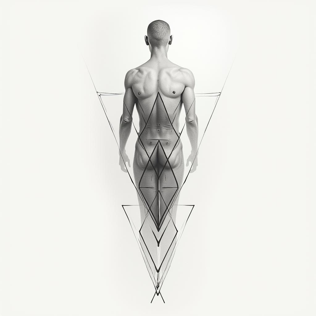 Sober manin minimalist style tattoo, featuring simple shapes and fine lines, with minimal shading and details, tiny triangles, creating a sense of balance and harmony - Variation 3