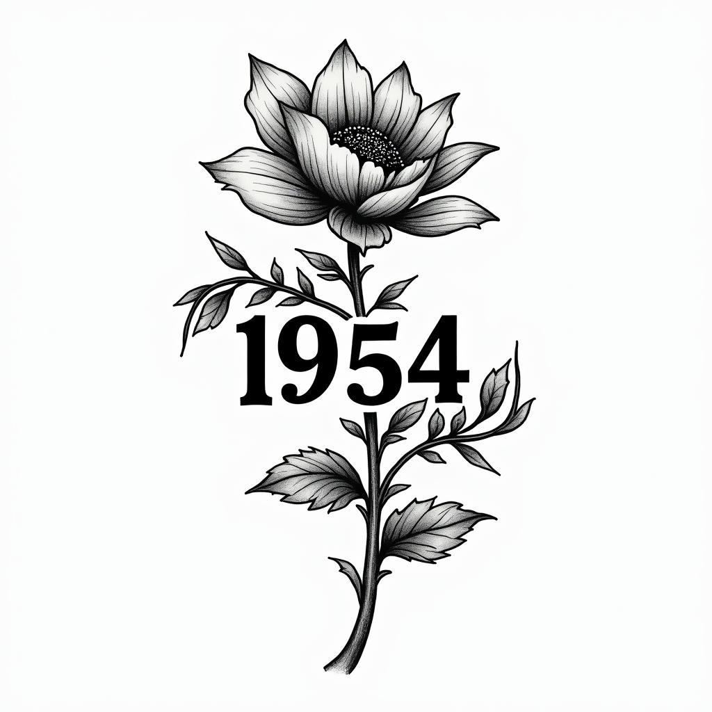 A tattoo design featuring the year 1954 in Roman numerals, accompanied by a flower representing love and remembrance, created in black and white.higly detailed tattoo