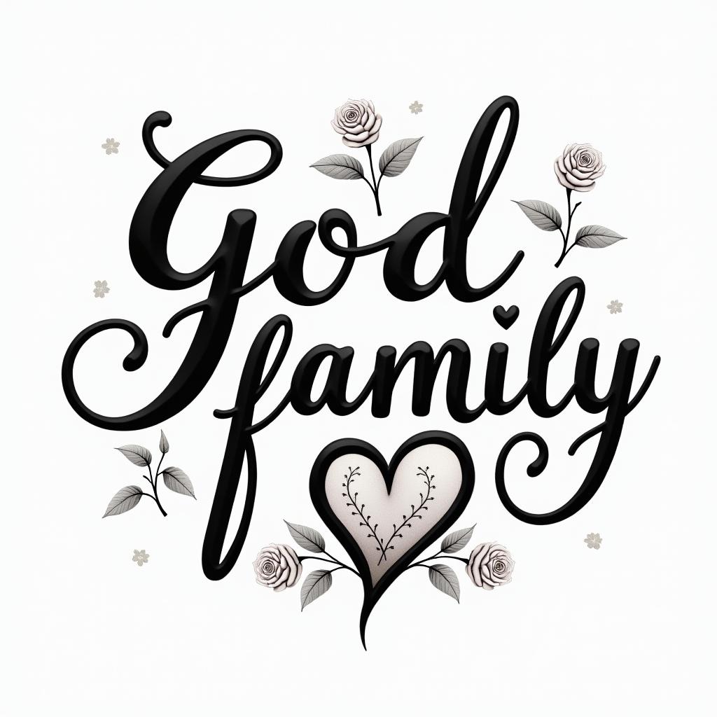 God and familyin elegant cursive calligraphy style 2d tattoo, decorate with roses, featuring a smooth and flowing handwritten script with slightly thickened strokes for a luxurious and bold appearance,  heart symbol between names,  sleek and glossy black text with shadowing, minimalist matte white background, clean and sharp edges, illuminated with soft lighting, romantic, 8k, high-quality textures with refined typography - Variation 3