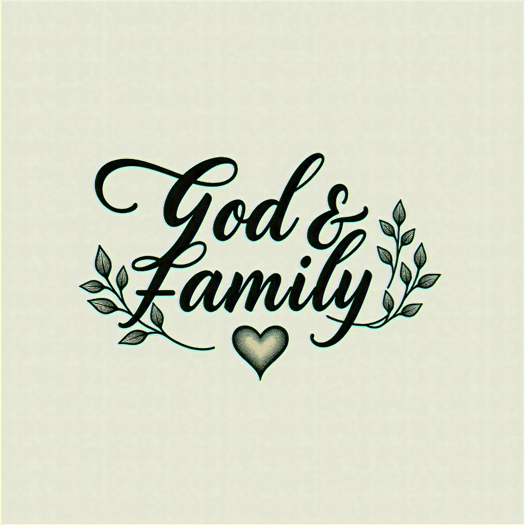 God and familyin elegant cursive calligraphy style 2d tattoo, decorate with roses, featuring a smooth and flowing handwritten script with slightly thickened strokes for a luxurious and bold appearance,  heart symbol between names,  sleek and glossy black text with shadowing, minimalist matte white background, clean and sharp edges, illuminated with soft lighting, romantic, 8k, high-quality textures with refined typography - Variation 2